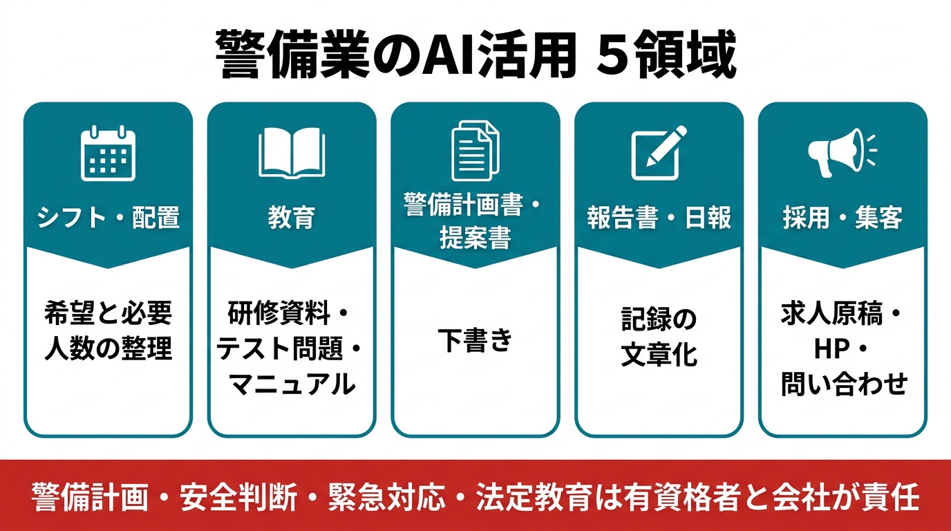 警備業のAI活用5領域。①シフト・配置（希望と必要人数の整理）②教育（研修資料・テスト問題・マニュアル）③警備計画書・提案書の下書き ④報告書・日報（記録の文章化）⑤採用・集客（求人原稿・HP・問い合わせ）。警備計画・安全判断・緊急対応・法定教育は有資格者と会社が責任を持つ。