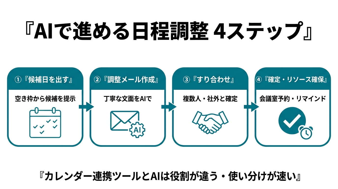 AIで進める日程調整の4ステップ。①候補日を出す（空き枠から提示）②調整メール作成（丁寧な文面をAIで）③すり合わせ（複数人・社外と確定）④確定・リソース確保（会議室予約・リマインド）。カレンダー連携ツールとAIは役割が違い使い分けると速い。