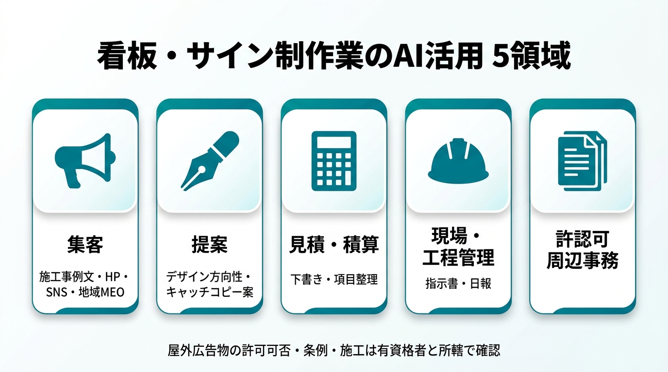 看板・サイン制作業のAI活用5領域。①集客（施工事例文・HP・SNS・地域MEO）②提案（デザイン方向性・キャッチコピー案）③見積・積算（下書き・項目整理）④現場・工程管理（指示書・日報）⑤許認可周辺事務。屋外広告物の許可可否・条例・施工は有資格者と所轄で確認。