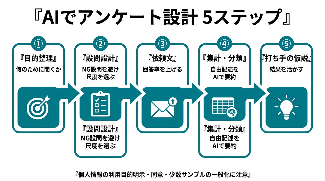 AIでアンケート設計する5ステップ。①目的整理（何のために聞くか）②設問設計（NG設問を避け尺度を選ぶ）③依頼文（回答率を上げる）④集計・分類（自由記述をAIで要約）⑤打ち手の仮説。個人情報の利用目的明示・同意・少数サンプルの一般化に注意。