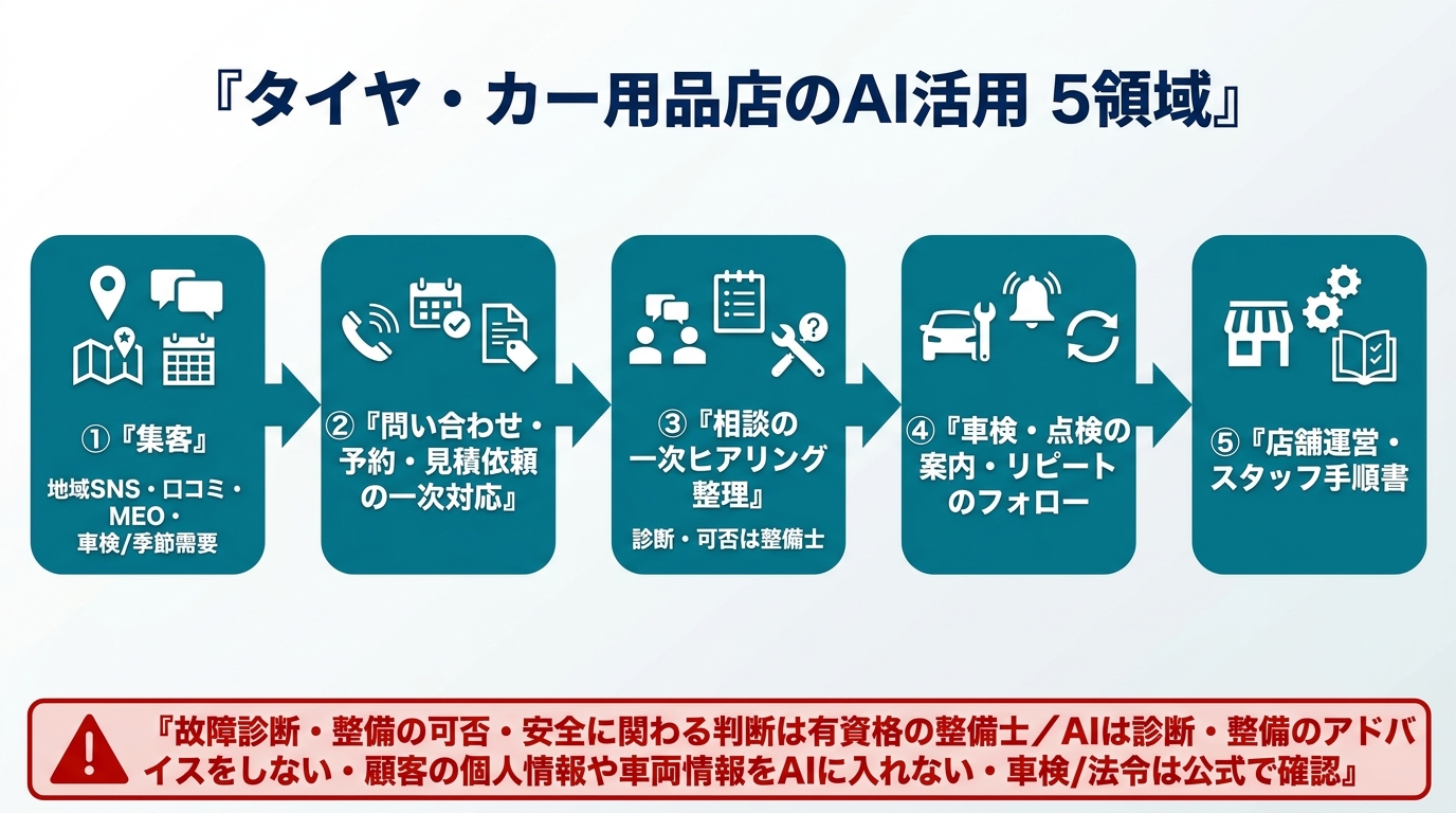 タイヤ・カー用品店のAI活用5領域。①集客（地域SNS・口コミ・MEO・車検/季節需要）②問い合わせ・予約・見積依頼の一次対応 ③相談の一次ヒアリング整理（診断・可否は整備士）④車検・点検の案内・リピートのフォロー ⑤店舗運営・スタッフ手順書。故障診断・整備の可否・安全に関わる判断は有資格の整備士、AIは診断・整備のアドバイスをしない、顧客の個人情報や車両情報をAIに入れない、車検/法令は公式で確認。
