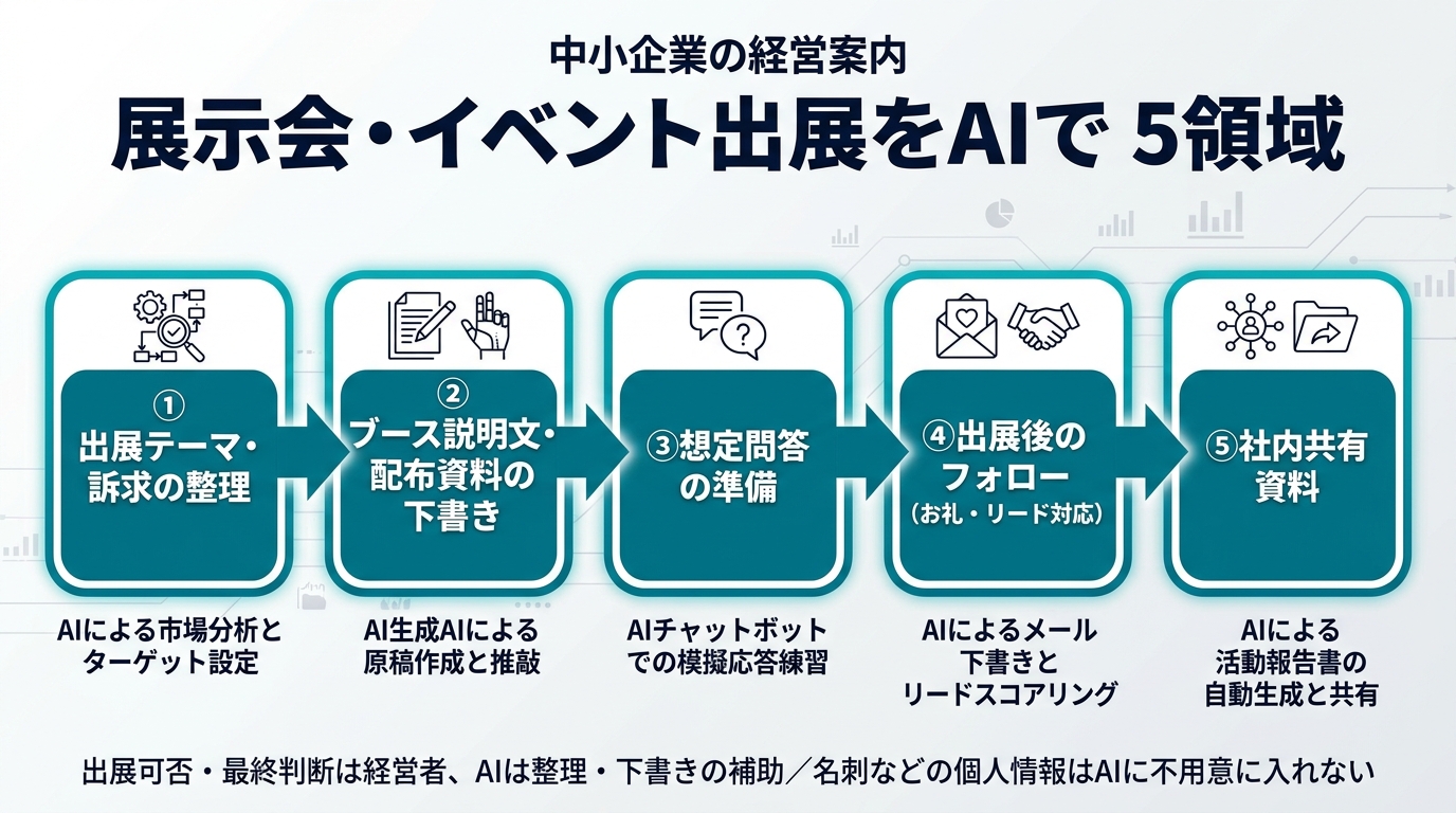 展示会・イベント出展をAIで進める5領域。①出展テーマ・訴求の整理 ②ブース説明文・配布資料の下書き ③想定問答の準備 ④出展後のフォロー（お礼・リード対応）⑤社内共有資料。出展可否・最終判断は経営者、AIは整理・下書きの補助。名刺などの個人情報はAIに不用意に入れない。