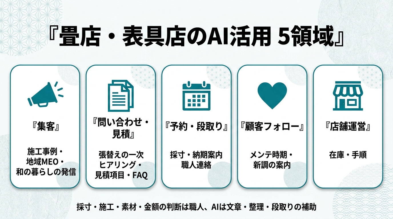 畳店・表具店のAI活用5領域。①集客（施工事例・地域MEO・和の暮らしの発信）②問い合わせ・見積（張替えの一次ヒアリング・見積項目・FAQ）③予約・段取り（採寸・納期案内・職人連絡）④顧客フォロー（メンテ時期・新調の案内）⑤店舗運営（在庫・手順）。採寸・施工・素材・金額の判断は職人、AIは文章・整理・段取りの補助。