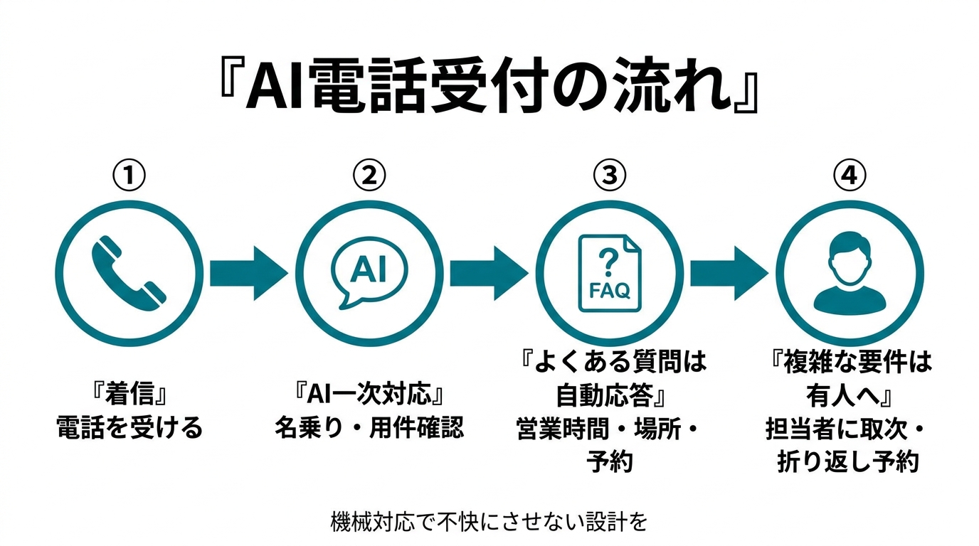 AI電話受付の流れ。①着信→②AI一次対応（名乗り・用件確認）→③よくある質問は自動応答（営業時間・場所・予約）→④複雑な要件は有人へ取次・折り返し予約。機械対応で不快にさせない設計を。