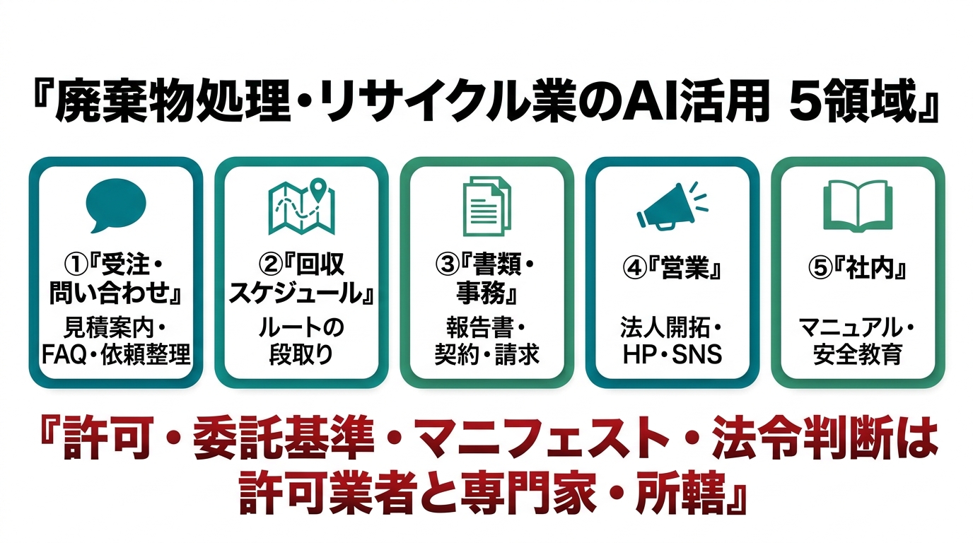 廃棄物処理・リサイクル業のAI活用5領域。①受注・問い合わせ（見積案内・FAQ・依頼整理）②回収スケジュール（ルートの段取り）③書類・事務（報告書・契約・請求）④営業（法人開拓・HP・SNS）⑤社内（マニュアル・安全教育）。許可・委託基準・マニフェスト・法令判断は許可業者と専門家・所轄。