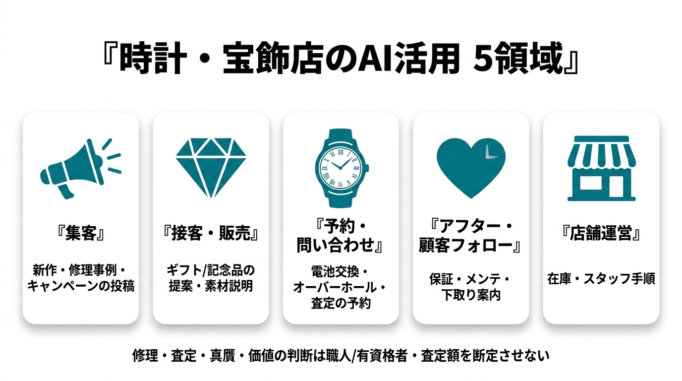 時計・宝飾店のAI活用5領域。①集客（新作・修理事例・キャンペーンの投稿）②接客・販売（ギフト/記念品の提案・素材説明）③予約・問い合わせ（電池交換・オーバーホール・査定の予約）④アフター・顧客フォロー（保証・メンテ・下取り案内）⑤店舗運営（在庫・スタッフ手順）。修理・査定・真贋・価値の判断は職人/有資格者、査定額を断定させない。