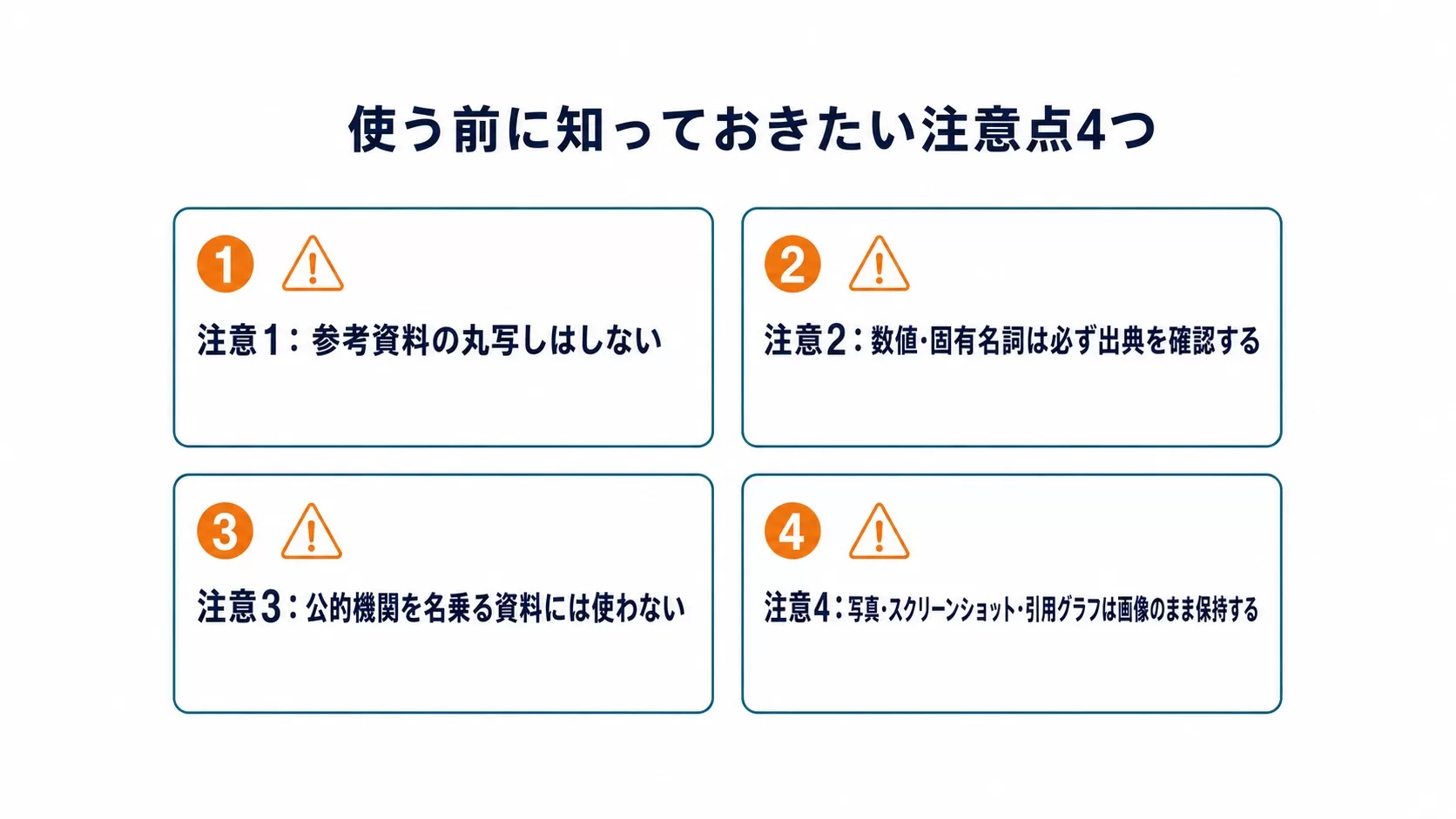 使う前に知っておきたい注意点4つ:参考資料の丸写しはしない/数値・固有名詞は必ず出典を確認する/公的機関を名乗る資料には使わない/写真・スクリーンショット・引用グラフは画像のまま保持する