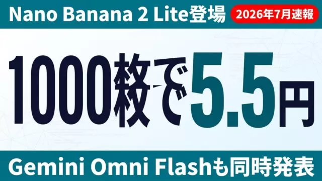 Nano Banana 2 LiteとGemini Omni Flashの発表を伝えるサムネイル画像。画像1000枚あたり5.5円という低コストを示す。