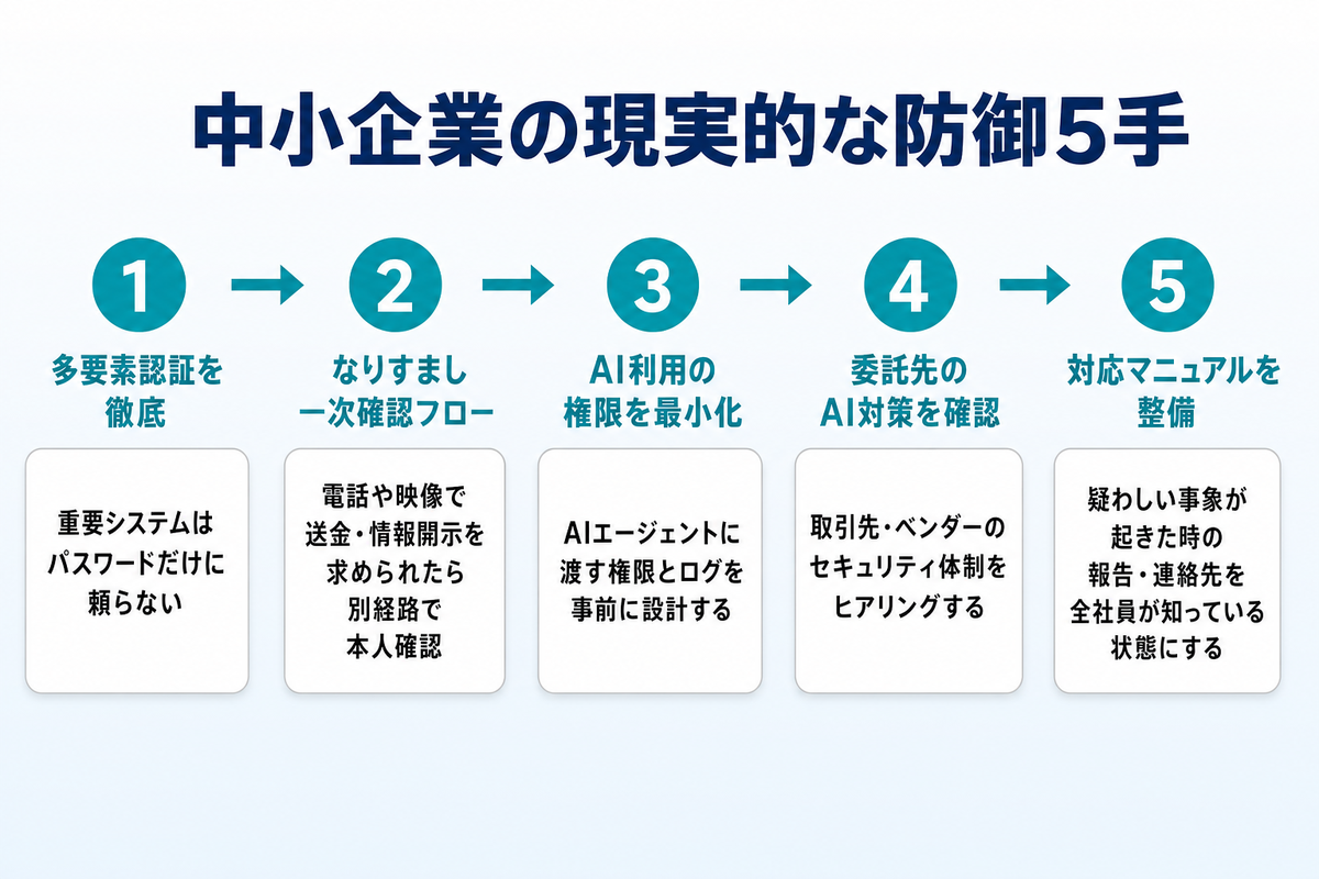 中小企業の現実的な防御5手。多要素認証を徹底、なりすまし一次確認フロー、AI利用の権限を最小化、委託先のAI対策を確認、対応マニュアルを整備、の5ステップを示すインフォグラフィック
