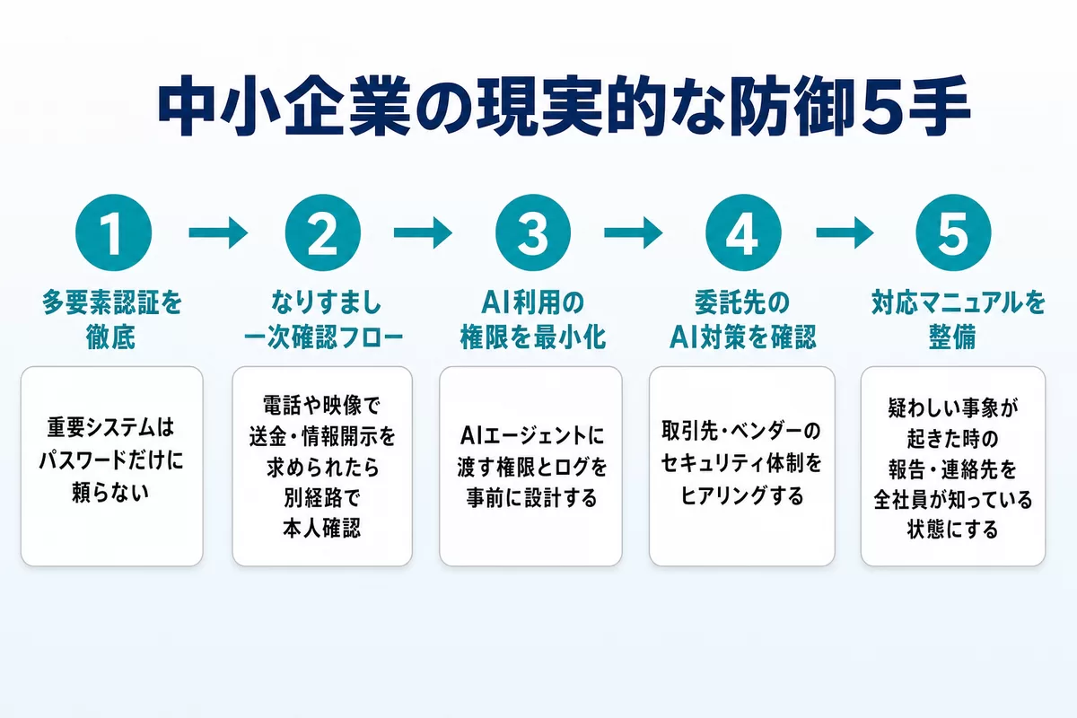 中小企業の現実的な防御5手。多要素認証を徹底、なりすまし一次確認フロー、AI利用の権限を最小化、委託先のAI対策を確認、対応マニュアルを整備、の5ステップを示すインフォグラフィック