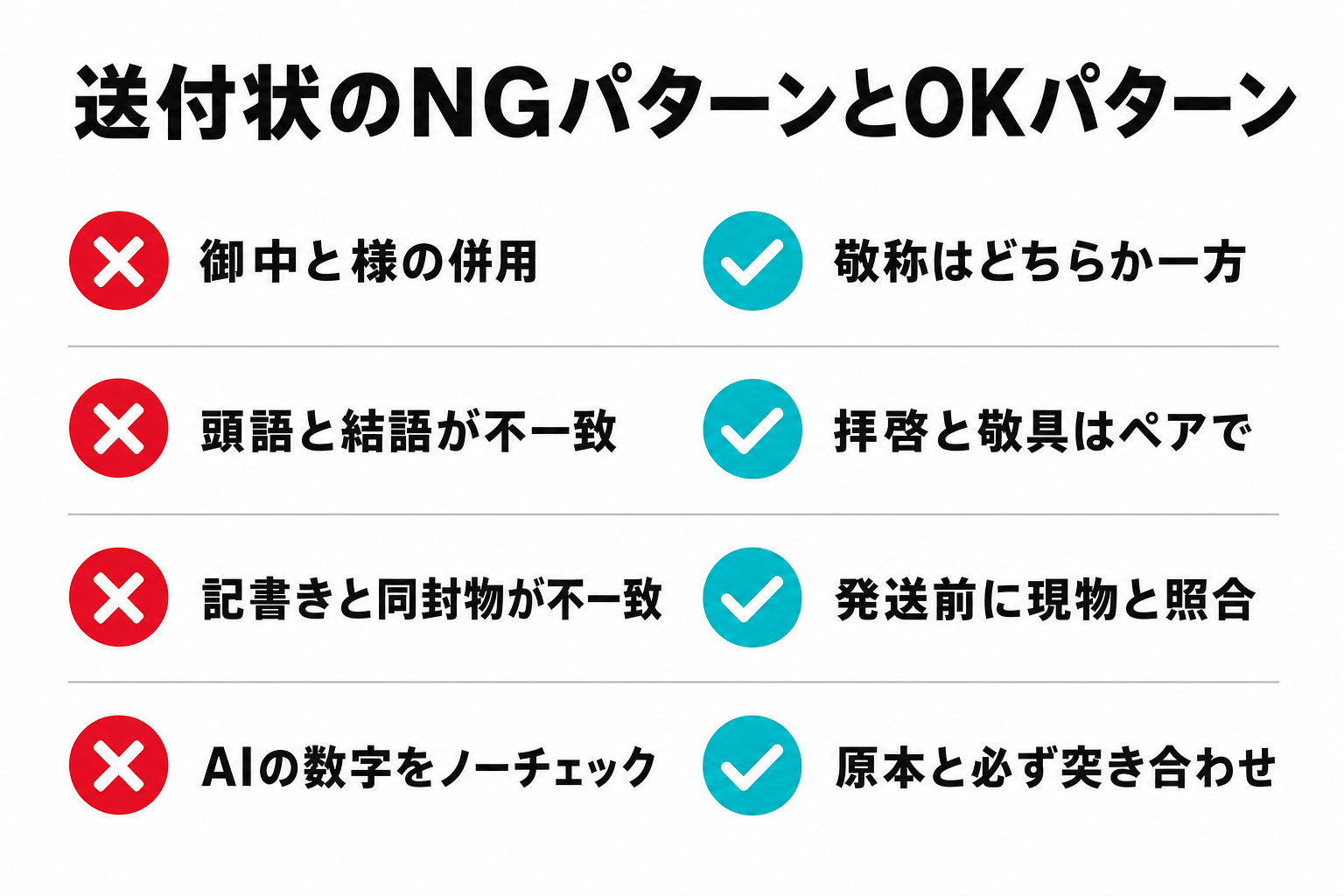 送付状のよくあるNGパターンとOKパターンを対比した図解