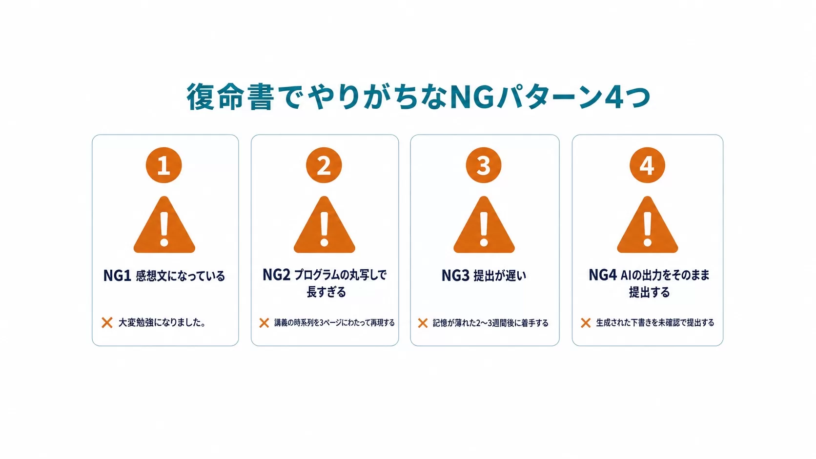復命書でやりがちなNGパターン4つ:感想文になっている/プログラムの丸写しで長すぎる/提出が遅い/AIの出力をそのまま提出する