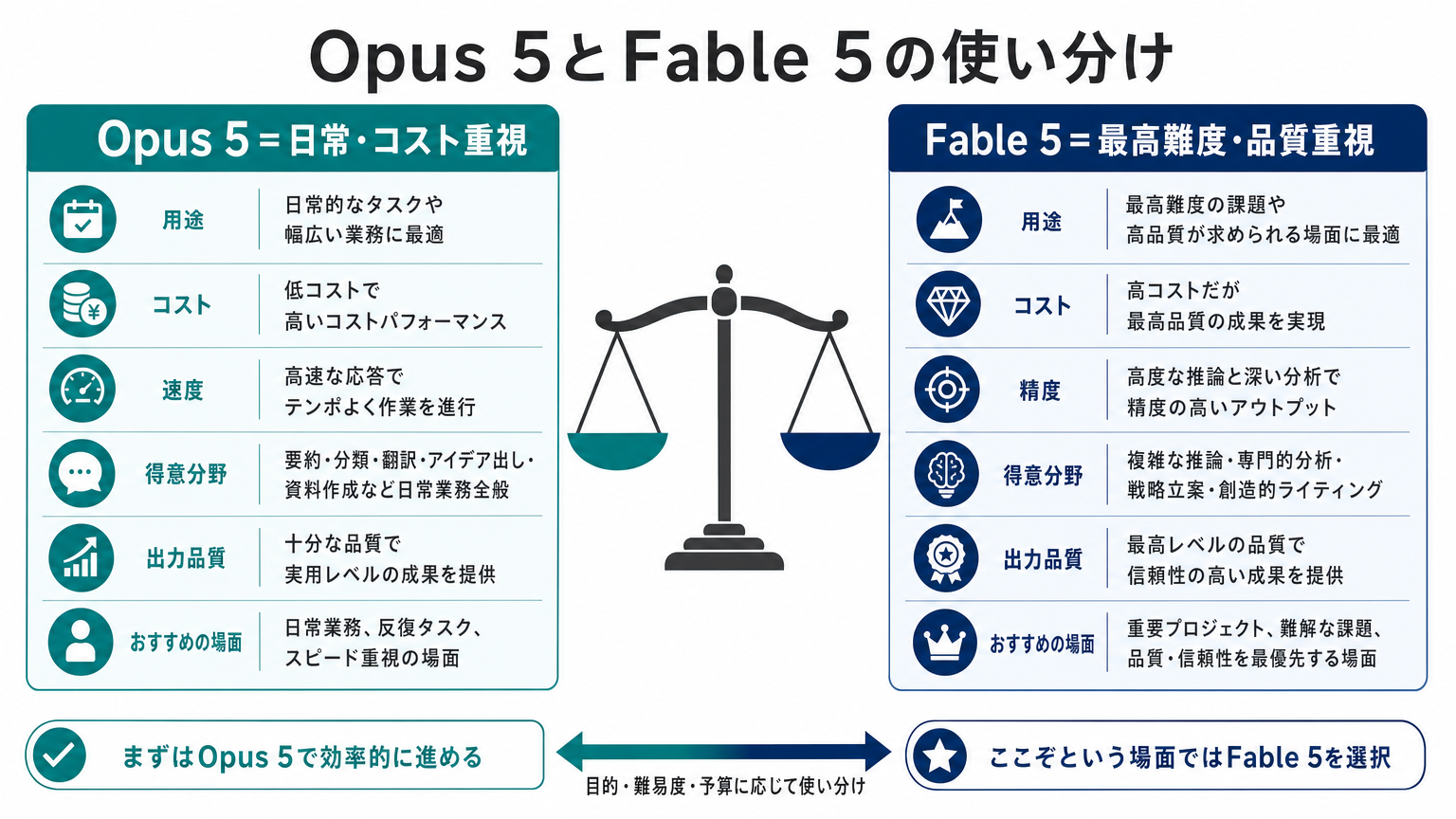 Opus 5とFable 5の使い分けの比較図