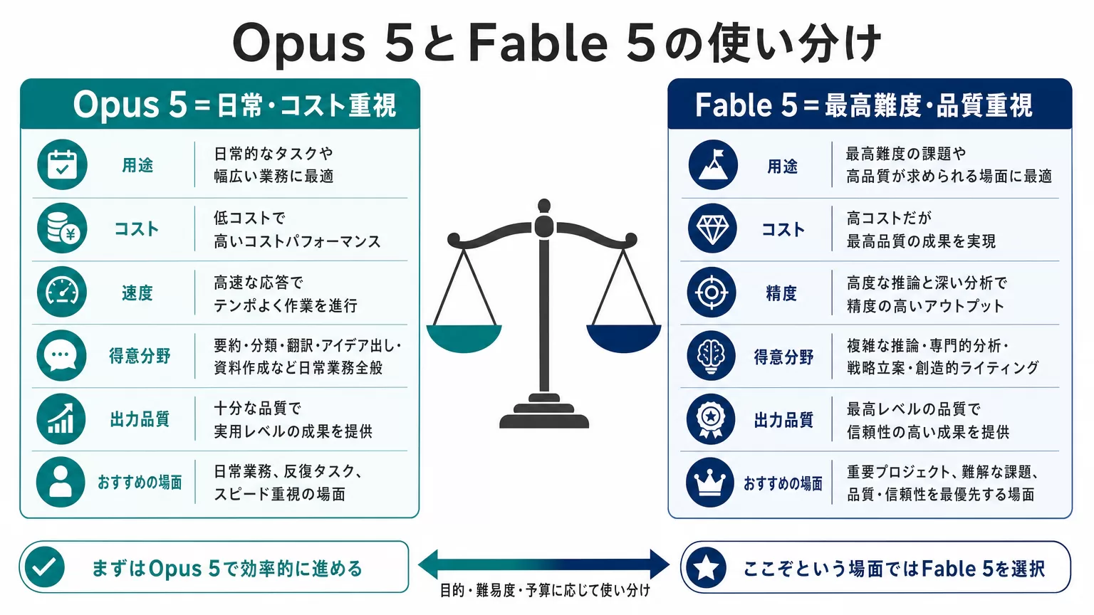 Opus 5とFable 5の使い分けの比較図