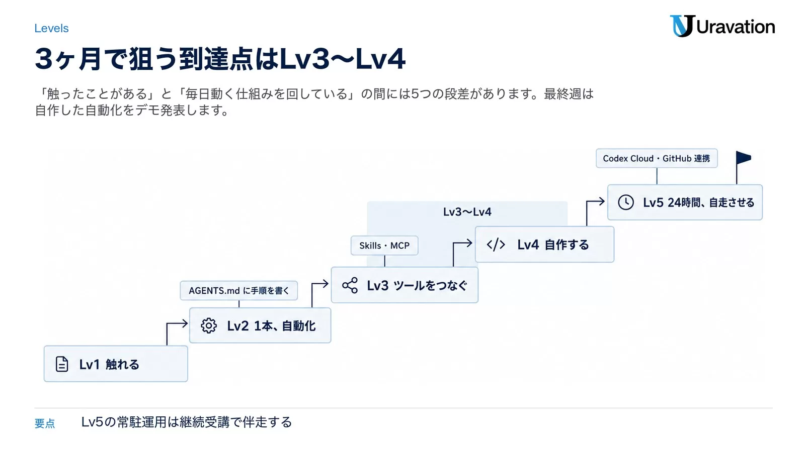 触れるレベルから24時間自走まで5段階の階段を描き、3ヶ月の標準プログラムで多くがLv3〜Lv4に届くことを示した図