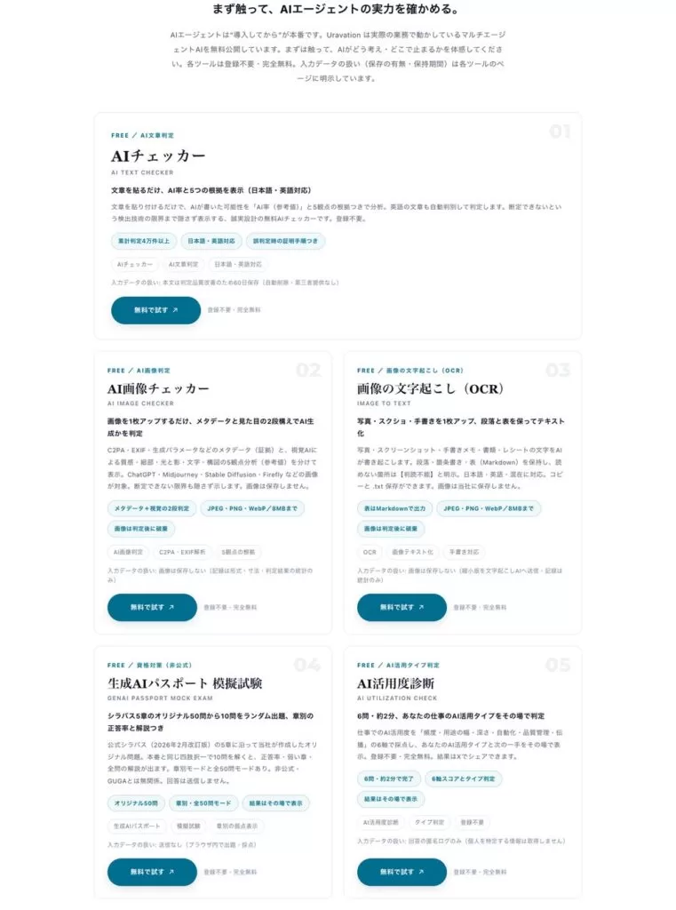 Uravation、「AI画像チェッカー」「画像の文字起こし(OCR)」「生成AIパスポート 模擬試験」など無料ツール6種類を追加し、自社サイトの無料ツールは計17種類に。いずれも登録不要・無料