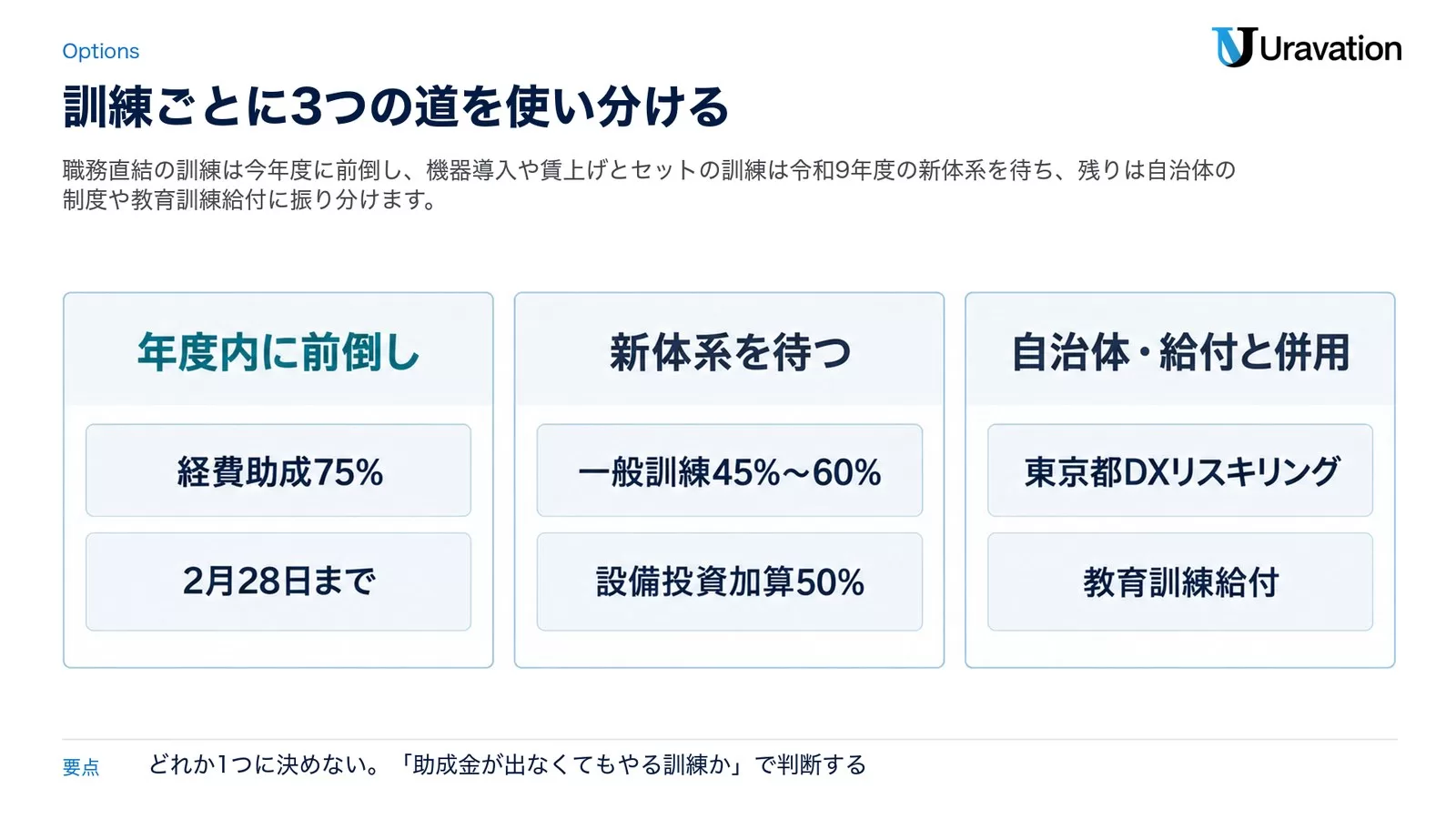 年度内に前倒し、令和9年度の新体系を待つ、自治体制度や教育訓練給付と併用する、の3つの選択肢を並べた図
