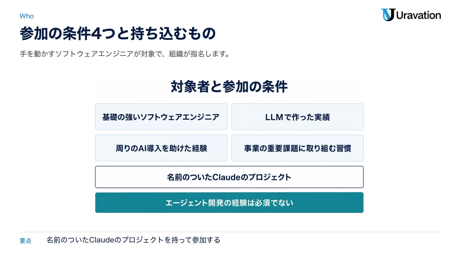 図: 対象者と参加の条件。基礎の強いソフトウェアエンジニア、LLMで作った実績、周りのAI導入を助けた経験、事業の重要課題に取り組む習慣。名前のついたClaudeのプロジェクトを持って参加し、エージェント開発の経験は必須でない