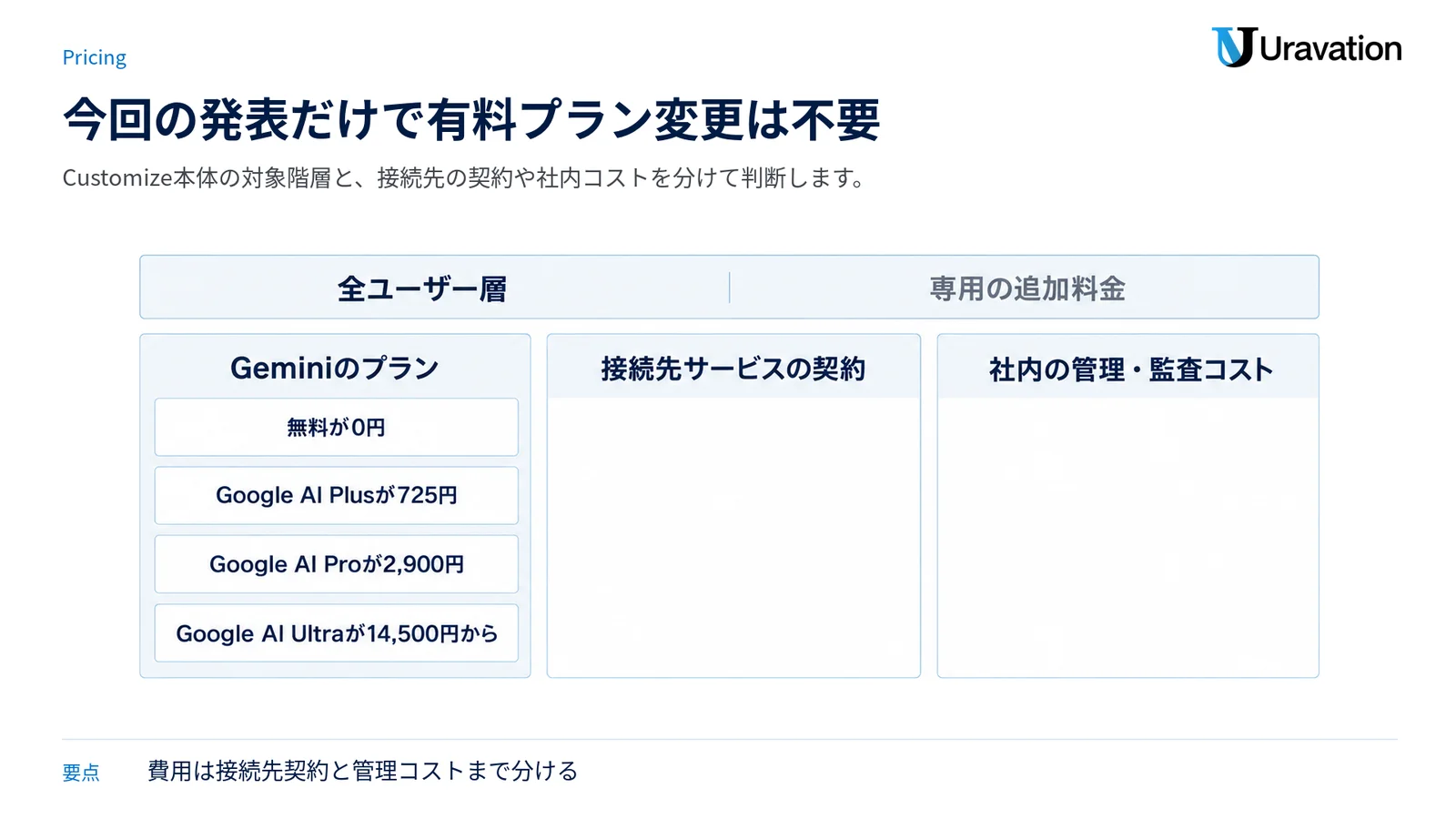 Customizeの対象階層と個人向け料金、接続先契約、社内管理コストを分けて示した図。