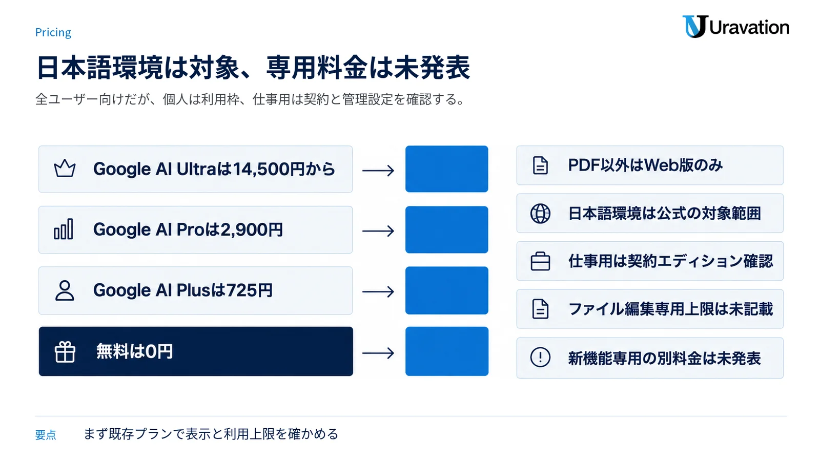 個人向け4プランの月額と、専用料金・上限・仕事用契約・日本での提供条件を整理した図。