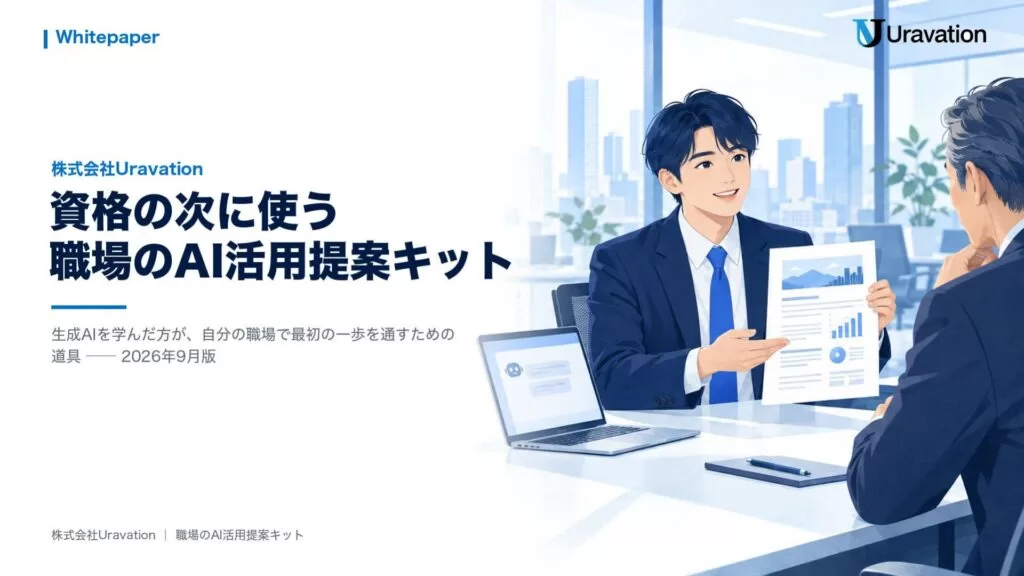 Uravation、「資格の次に使う 職場のAI活用提案キット」を無料公開。生成AIの資格や講座で学んだあと、試す業務を1つ選び、安全に小さく試し、上司に見せる1枚提案書にするまでの手順書です