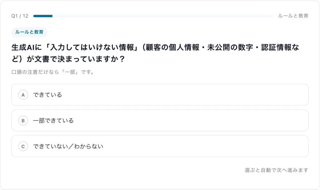 Uravation、無料の「生成AIセキュリティ自己診断」を公開。ルールと教育・アカウントと権限・AIエージェント・事故への備えの4領域を12問・3分で点数にし、弱い領域と最初の一手を示します